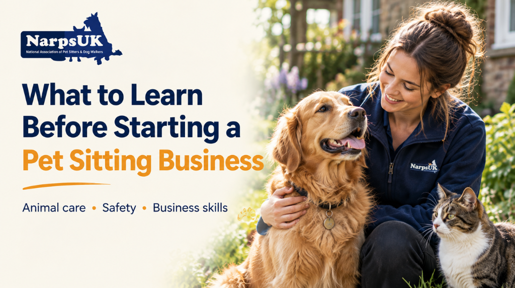 Professional pet sitter caring for a golden retriever and cat in a garden, illustrating essential skills for starting a pet sitting business.